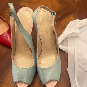 Enzo Angiolini Metallic Blue Slingback Peep-Toe Heels with Pink Insole